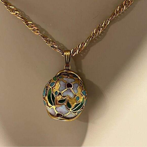 Vintage Cloisonne Gold Plated Caged Floral Design Necklace - Picture 12 of 13